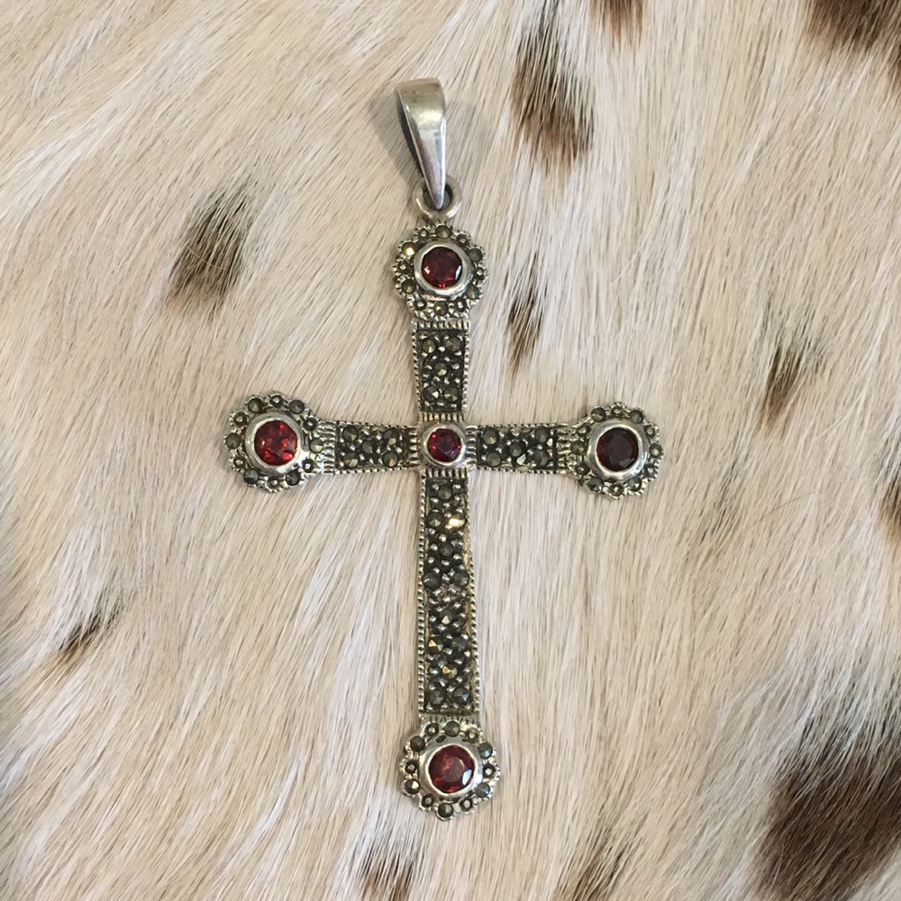 Vintage Sterling Marcasite/Garnet Cross Pendant